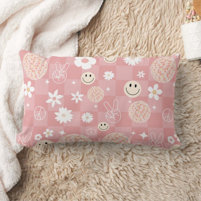 Retro Pink Groovy Checkered Hippie Muster Lendenkissen (Decke)