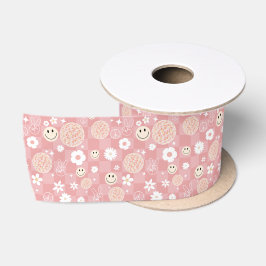 Retro Pink Groovy Checkered Hippie Muster Satinband