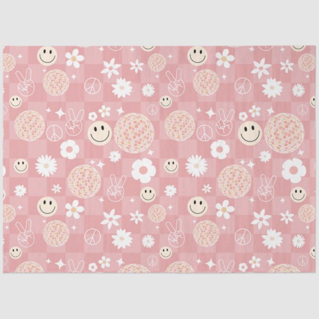 Retro Pink Groovy Checkered Hippie Muster Seidenpapier (Vorderseite)