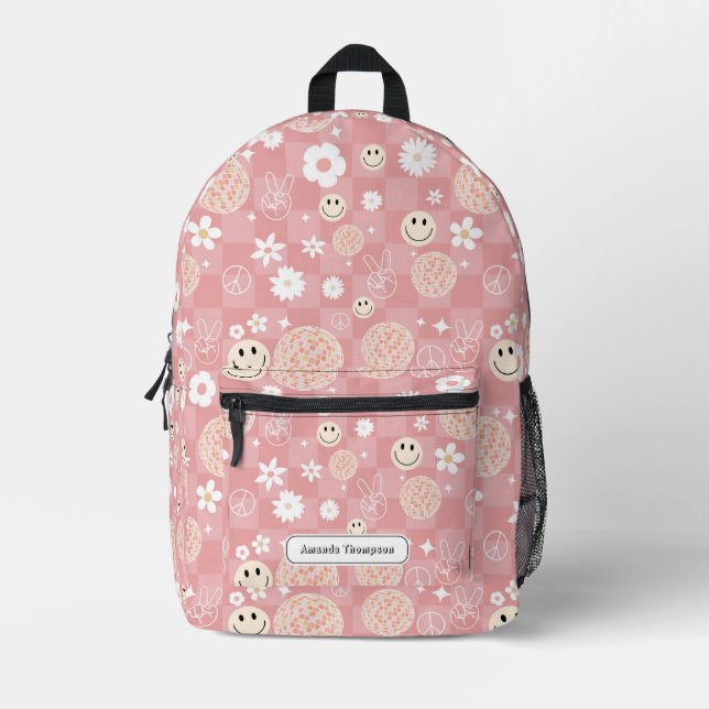 Retro Pink Groovy Checkered Hippie School Bedruckter Rucksack (Vorderseite)