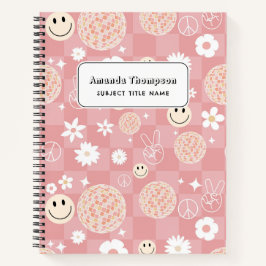 Retro Pink Groovy Checkered Hippie School Notizbuch