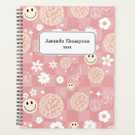 Retro Pink Groovy Checkered Hippie School Planer
