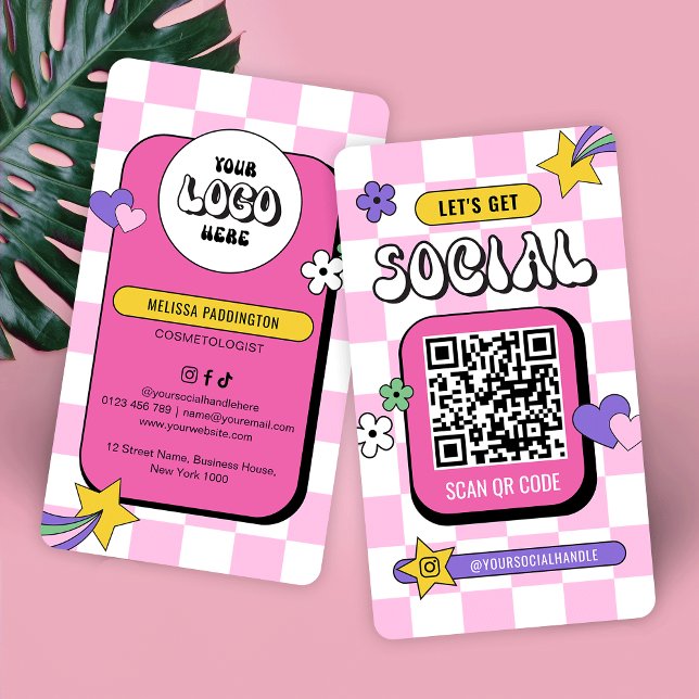 Retro Pink Groovy Logo Social Media QR Code Visitenkarte (Trendy pink QR code business cards with retro pink background, your logo & QR Code)