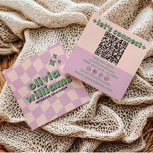Retro Pink Grüner QR-Code Groovy Karierter Girly Quadratische Visitenkarte