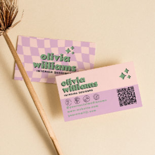 Retro Pink Grüner QR-Code Groovy Karierter Trend Visitenkarte