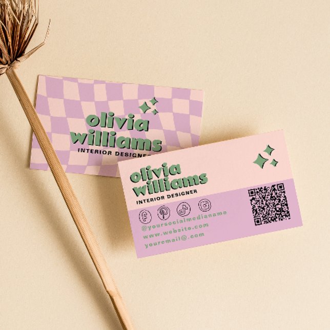Retro Pink Grüner QR-Code Groovy Karierter Trend Visitenkarte (Von Creator hochgeladen)