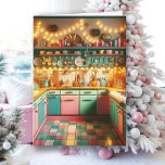 Retro Pink Hütte Kitsch Küche Weihnachten Karte<br><div class="desc">Wir wünschen Ihnen ein herzliches und gemütliches Weihnachtsfest und ein glückliches Neues Jahr. Der Innentext kann personalisiert sein,  sodass Sie Ihren Namen hinzufügen können,  wenn Sie gewollt oder den Gruß ändern. Niedliche,  altmodische,  rosa und aquamarine Retro-Kitschküche mit Feriendekorationen,  Kränzen und Weihnachtsbeleuchtung.</div>