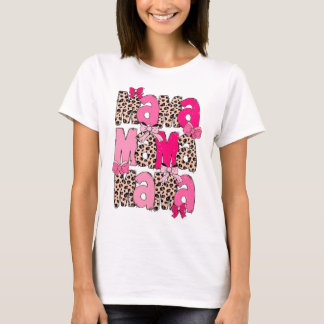 Retro Pink Leopard Mama Design with Coquette Bows T-Shirt