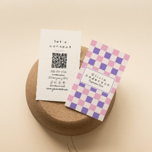 Retro Pink Lila Checked Trendy Boho QR Code Visitenkarte