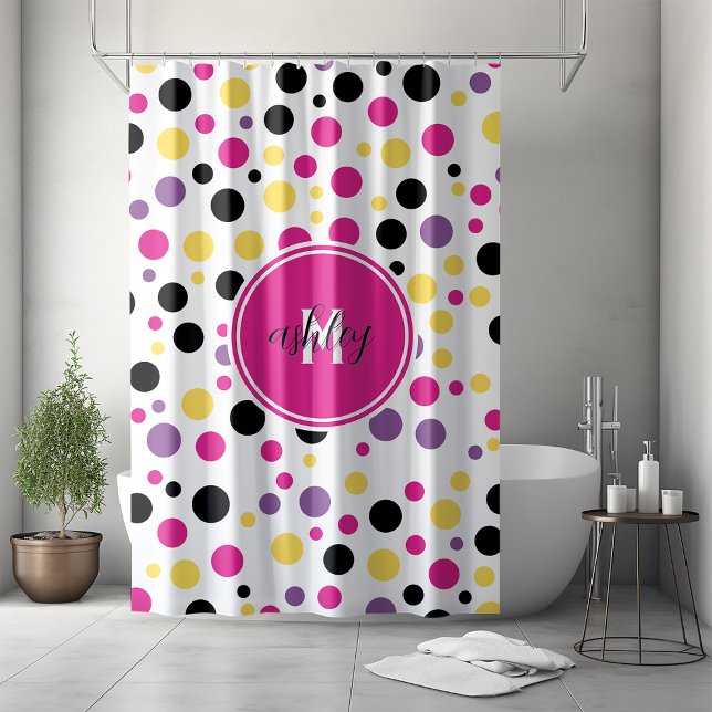 Retro Pink Lila Monogram Polka Dots Duschvorhang (Von Creator hochgeladen)