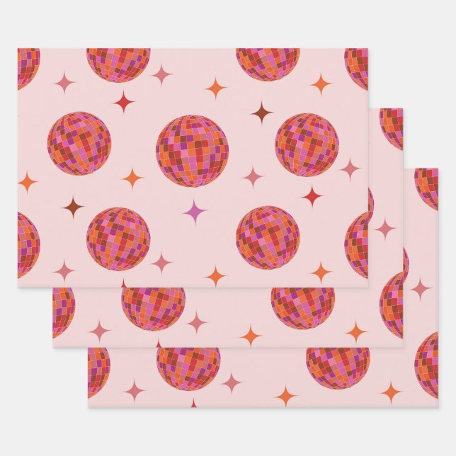Retro Pink Lila Orange Balls mit Sternen Geschenkpapier Set (Set)