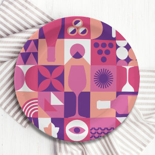 Retro Pink Lila Wein Bauhaus Cocktail Muster Pappteller