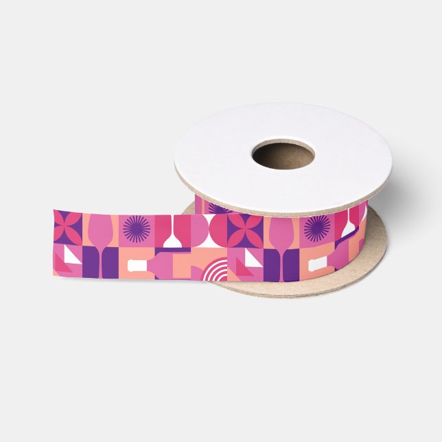 Retro Pink Lila Wine Bauhaus Muster Satinband (Spule)