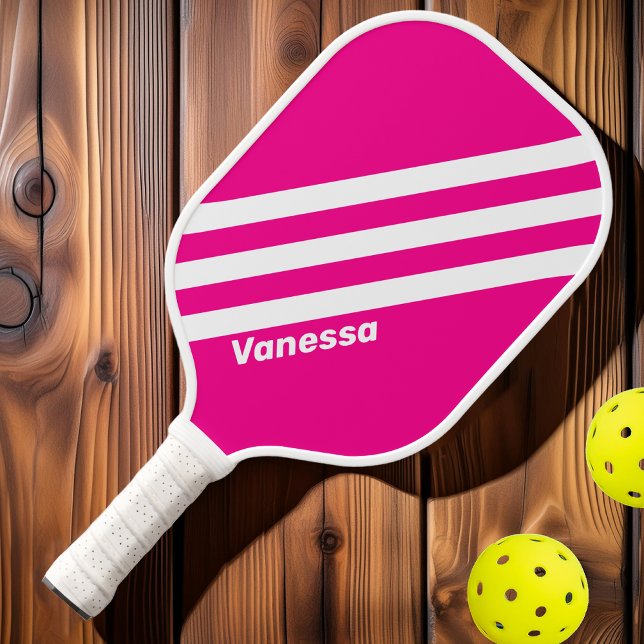 Retro Pink Lollipop Drei Streifen mit Namen Pickleball Schläger (Von Creator hochgeladen)