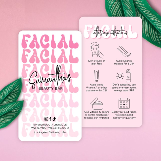 Retro Pink Moderne Gesichtsbehandlung Anleitung Sc Visitenkarte (Trendy facial aftercare cards featuring pink hues, retro fonts and beauty care icons)
