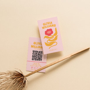 Retro Pink Orange Boho QR-Code Groovy Floral Weibl Visitenkarte