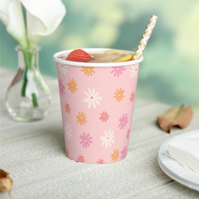 Retro Pink & Orange Daisy Pattern Party-Tablette Pappbecher (In Situ)