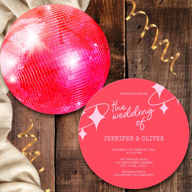 Retro Pink Orange Disco Ball Wedding Einladung (Front and Back)