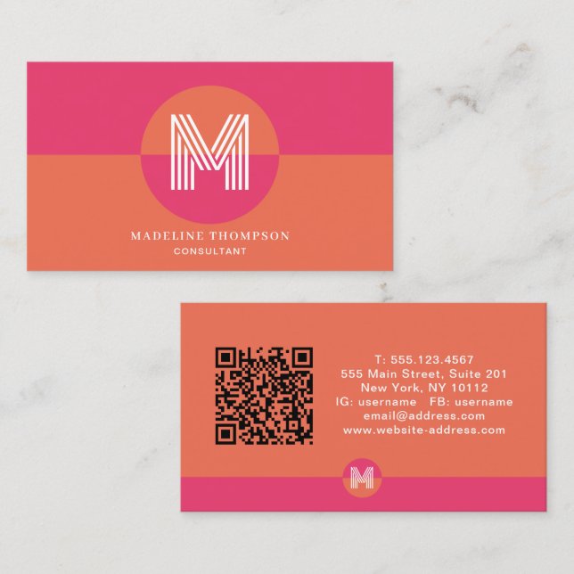 Retro Pink Orange Geometric Monogram QR Code Visitenkarte (Vorne/Hinten)