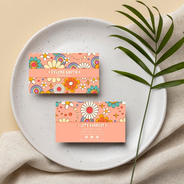 Retro Pink Orange Groovy Floral Boho Girly Trendy Visitenkarte (Von Creator hochgeladen)