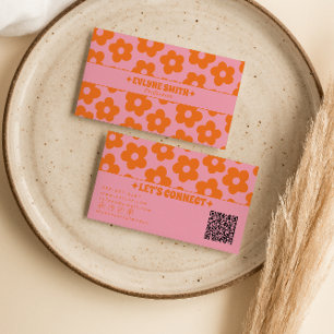 Retro Pink Orange QR-Code Groovy Floral Boho Weibl Visitenkarte