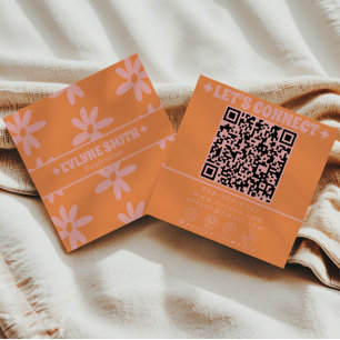 Retro Pink Orange QR-Code Groovy Floral Weiblich Quadratische Visitenkarte