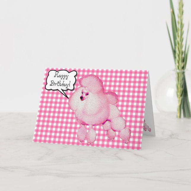 Retro Pink Poodle Gingham Birthday Grußkarte Karte (Vorderseite)