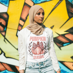 Retro Pink Pumpkin Saison Coquette Bow Fall Floral Tri-Blend Shirt