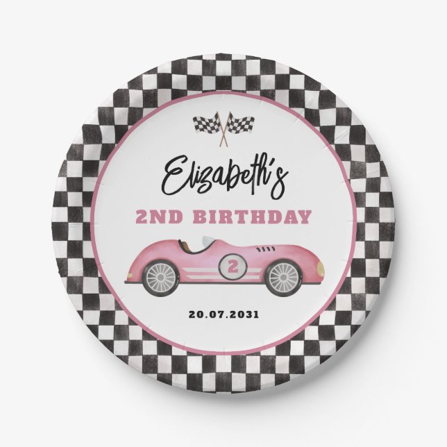 Retro Pink Race Car Zwei schnelles Mädchen Geburts Pappteller (Vorderseite)