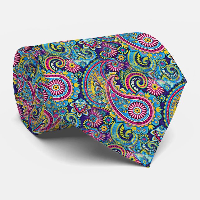 Retro Pink Red Blue Gelb Paisley Blumenmuster Krawatte (Gerollt)