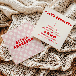 Retro Pink Red Bold 70's Groovy Checkered Girly Quadratische Visitenkarte