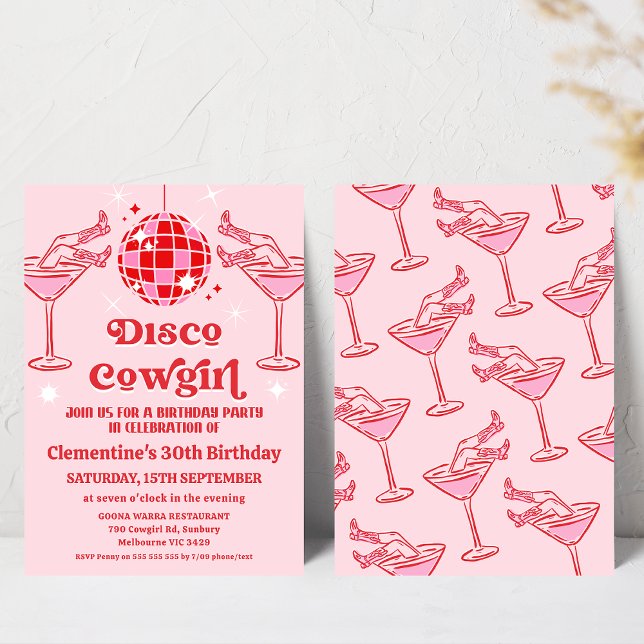 Retro Pink Red Disco Cowgirl 30. Geburtstag Einladung (Retro Disco Cowgirl Birthday Invitation, Disco Ball, Disco Pink Cowgirl Birthday Invitation Template)