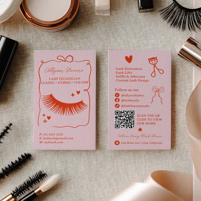 Retro Pink Red Doodles Lash Tech QR Code Visitenkarte (Retro Pink Red Doodles Lash Tech QR Code Business Card)