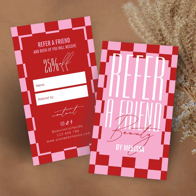 Retro Pink & Red Groovy Refer a Friend Spa Salon Empfehlungskarte (Von Creator hochgeladen)