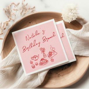 Retro Pink Red Hand Drawn Fun Geburtstag Brunch Serviette