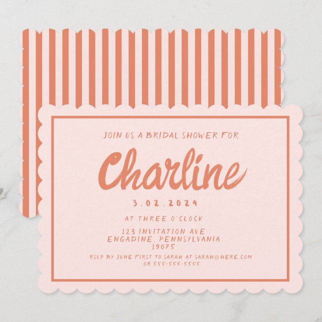 Retro Pink & Red Handwriting Brautparty Invitati Einladung (Vorne/Hinten)