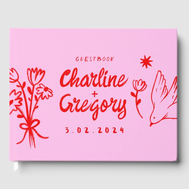 Retro Pink Red Handwriting Wedding Gästebuch (Vorderseite)