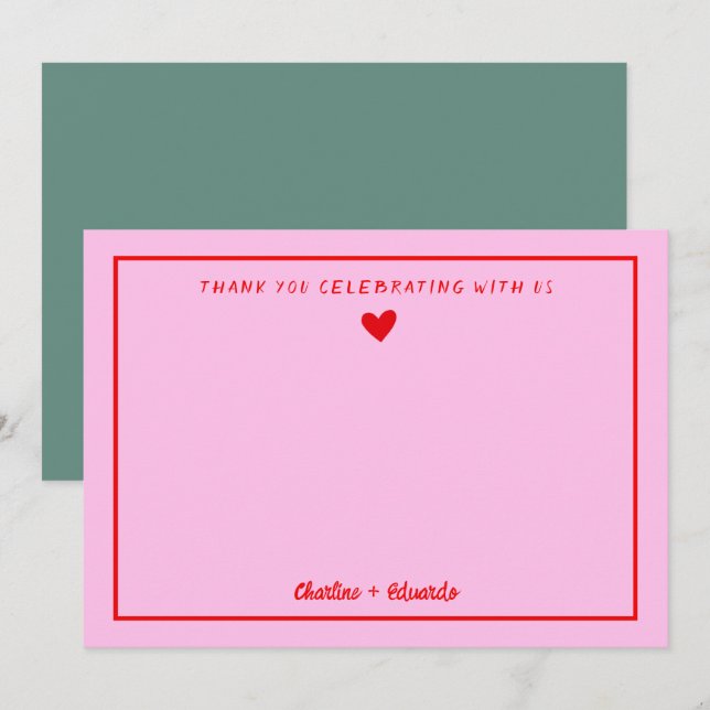 Retro Pink & Red Handwriting Wedding Vielen Dank Dankeskarte (Vorne/Hinten)