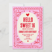 Retro Pink Red Handwritting Sweet 16 Geburtstag