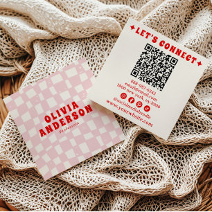 Retro Pink Red QR Code Groovy Checkered Girly Boho Quadratische Visitenkarte