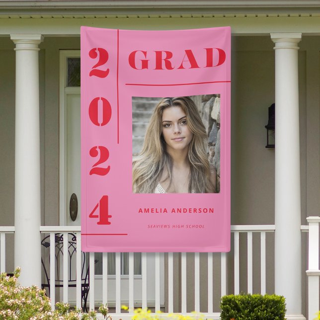 Retro Pink Red Typografy Foto Graduation Party Banner (Von Creator hochgeladen)