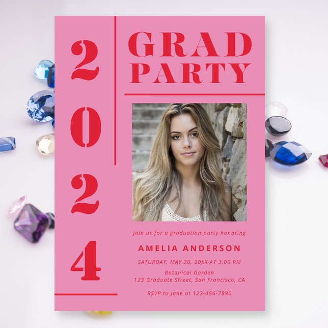 Retro Pink Red Typografy Foto Graduation Party Einladung (Von Creator hochgeladen)