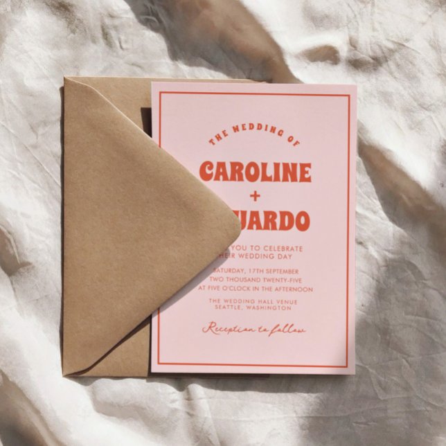 Retro Pink Red Wavy Boho Wedding Qr Code Einladung (Von Creator hochgeladen)