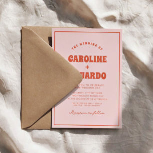 Retro Pink Red Wavy Boho Wedding Qr Code Einladung