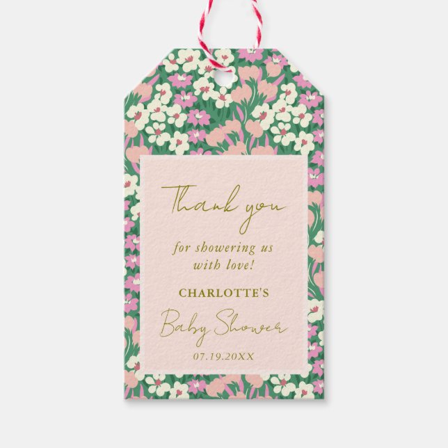 Retro Pink Sage Boho Floral Baby Dusche Geschenkanhänger (Vorderseite)