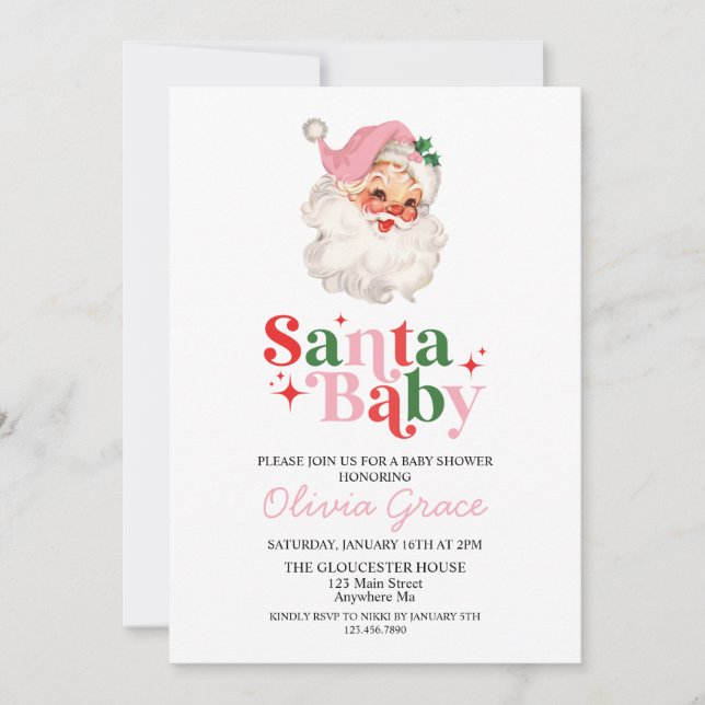 Retro Pink Santa Baby Holiday Baby Dusche Einladung (Vorderseite)