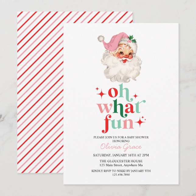 Retro Pink Santa oh was Spaß Baby Dusche Einladung (Vorne/Hinten)