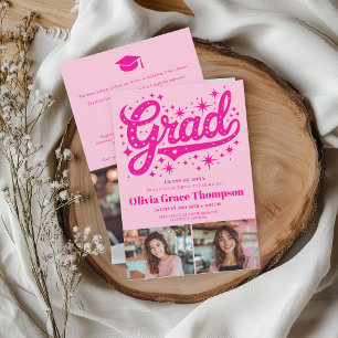Retro Pink Script Stars 3-Foto-Graduierungsparty Einladung