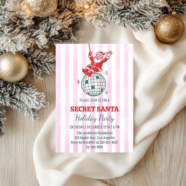 Retro Pink Secret Santa Disco Holiday Party        Einladung (Von Creator hochgeladen)
