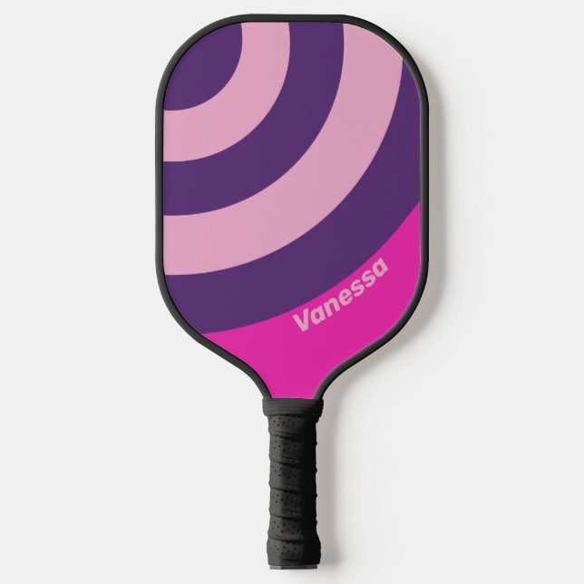 Retro Pink Sky Circle Streifen mit Namen Pickleball Schläger (Vorderseite)
